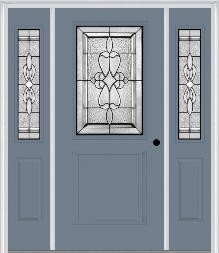 MMI 1/2 Lite 1 Panel 6'8" Fiberglass Smooth Jamestown Patina Exterior Prehung Door With 2 Half Lite Jamestown Patina Decorative Glass Sidelights 682